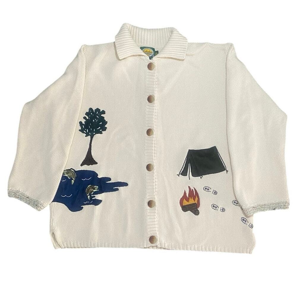 Vintage Off-White Cabela’s Embroidered 100% Cotton Camping Cardigan Sweater XL